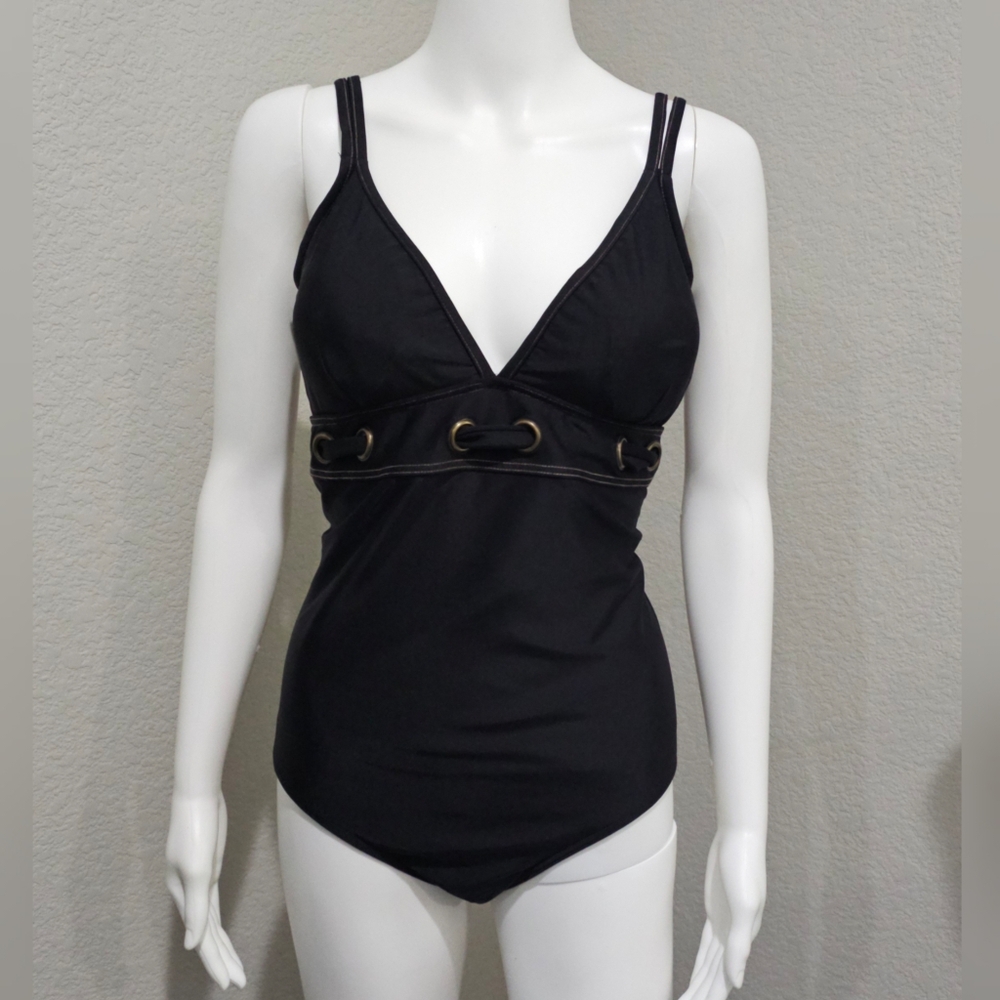 Black One-Piece Swimsuit with Gold Grommet Accents